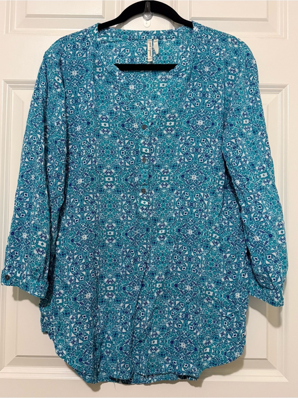 grand & greene Teal Mosaic-Print Button Down Shirt lightweight women’s XL blouse